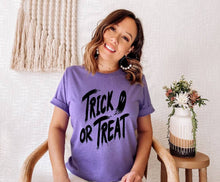 Load image into Gallery viewer, Trick or Treat tshirt, Halloween shirt, Adult and Youth Halloween t shirts, Halloween gifts,
