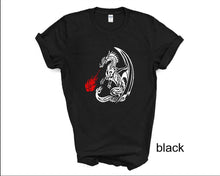 Load image into Gallery viewer, Dragon Unisex tshirt, Dragons, Gothic, Dragon lovers gifts, Dragon spitting fire, Dragon fans, Adult and youth sizes
