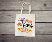 Load image into Gallery viewer, Halloween Tote bag, little Miss Tote bag , Halloween candy bag, Canvas Tote Bag, Childs Bag for Halloween candy, Kids Tote Bag
